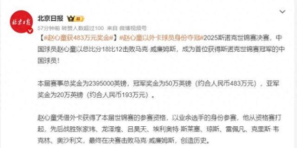 牛达人配资 赵心童世锦赛夺冠奖金有多少：约合人民币483万元